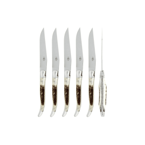 Forge de Laguiole set of 6 Steak Knives: Elk Stag Handle Shiny Finish